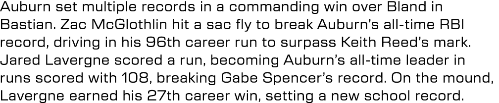 Auburn set multiple records in a commanding win over Bland in Bastian. Zac McGlothlin hit a sac fly to break Auburn’s...