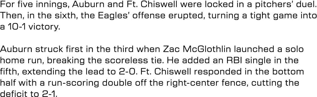 For five innings, Auburn and Ft. Chiswell were locked in a pitchers’ duel. Then, in the sixth, the Eagles’ offense er...