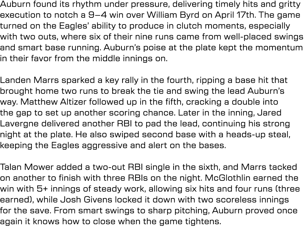 Auburn found its rhythm under pressure, delivering timely hits and gritty execution to notch a 9–4 win over William B...