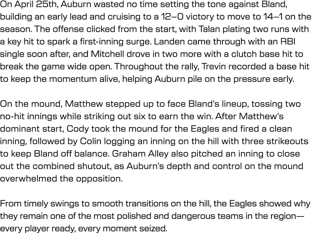 On April 25th, Auburn wasted no time setting the tone against Bland, building an early lead and cruising to a 12–0 vi...