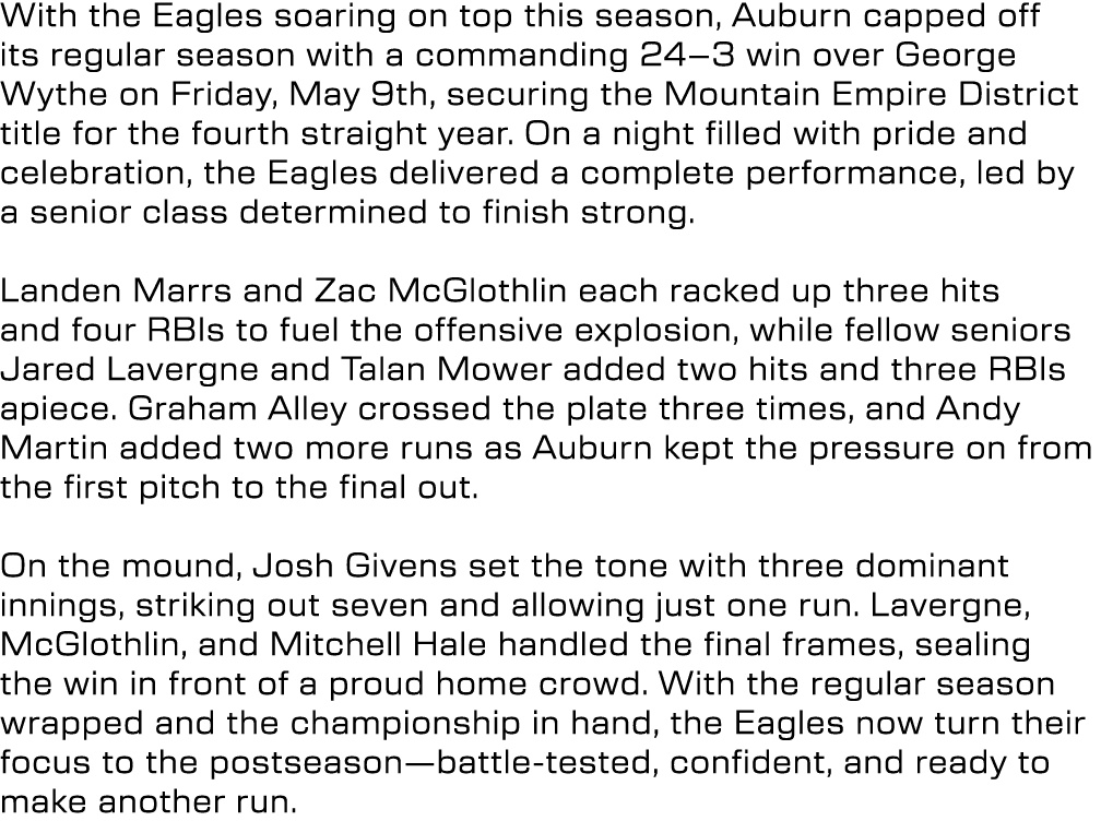 With the Eagles soaring on top this season, Auburn capped off its regular season with a commanding 24–3 win over Geor...