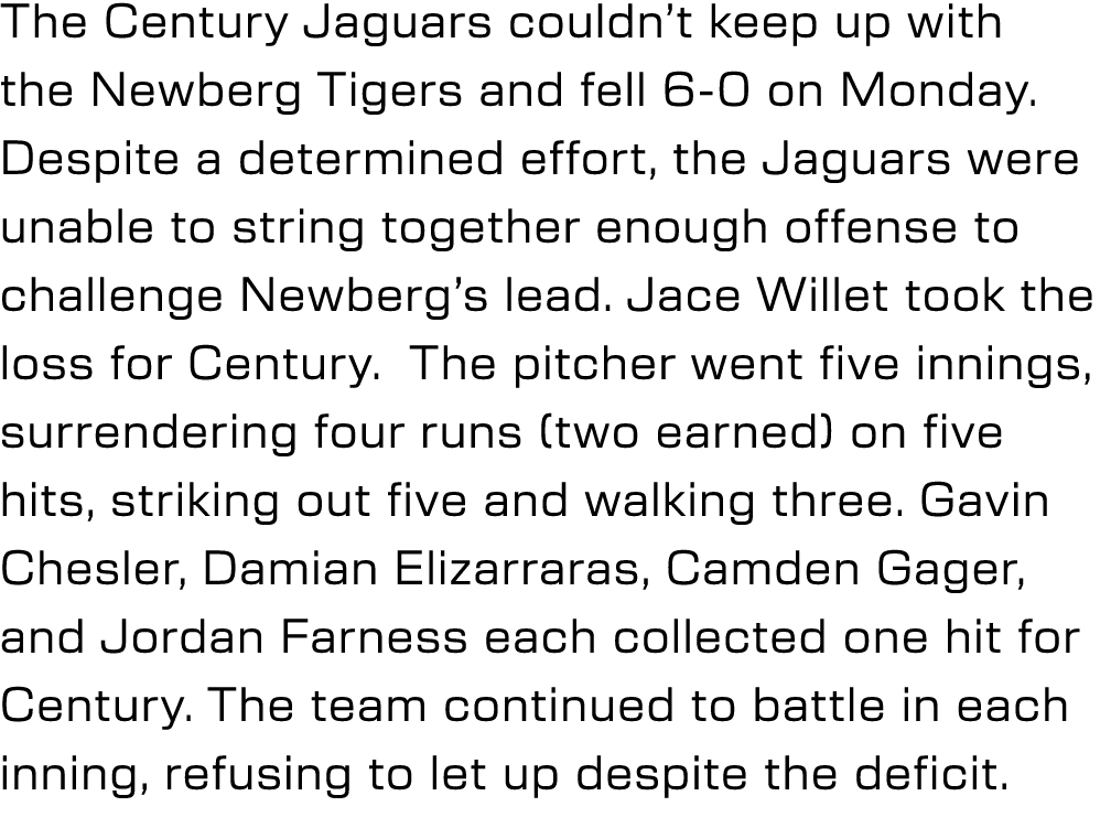 The Century Jaguars couldn’t keep up with the Newberg Tigers and fell 6 0 on Monday. Despite a determined effort, the...