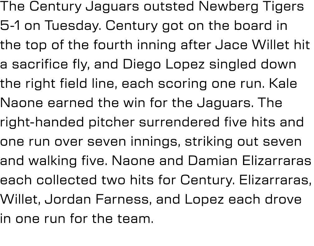 The Century Jaguars outsted Newberg Tigers 5 1 on Tuesday. Century got on the board in the top of the fourth inning a...