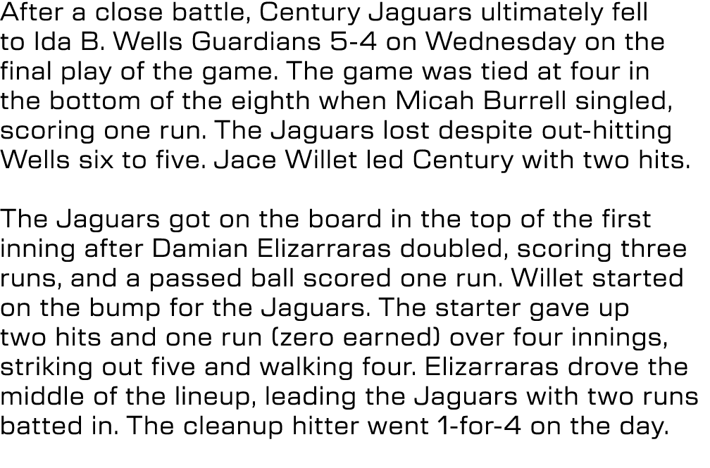 After a close battle, Century Jaguars ultimately fell to Ida B. Wells Guardians 5 4 on Wednesday on the final play of...