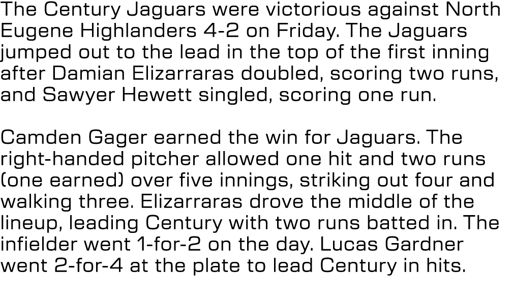 The Century Jaguars were victorious against North Eugene Highlanders 4 2 on Friday. The Jaguars jumped out to the lea...