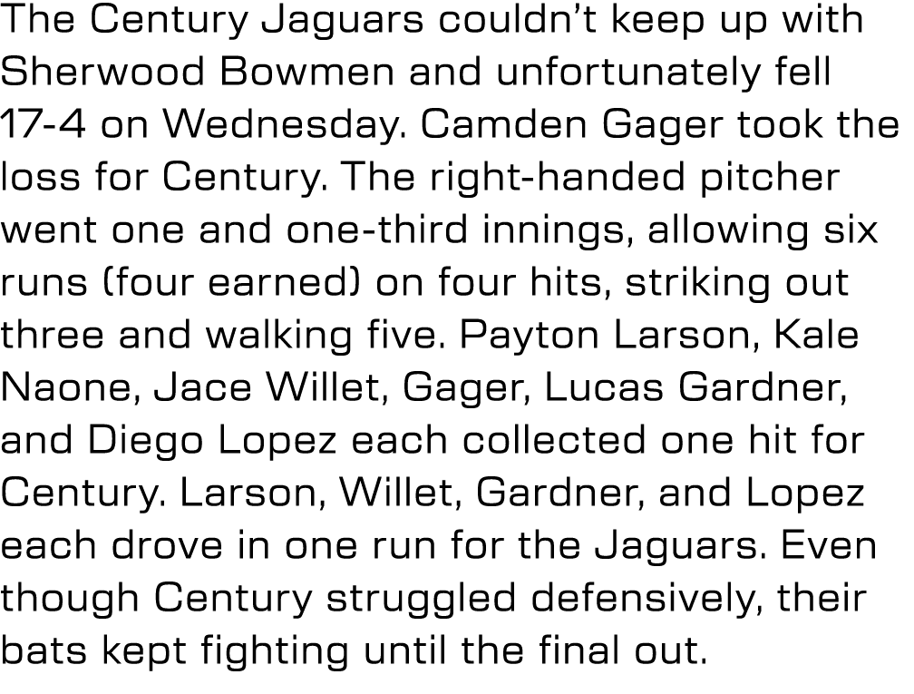 The Century Jaguars couldn’t keep up with Sherwood Bowmen and unfortunately fell 17 4 on Wednesday. Camden Gager took...