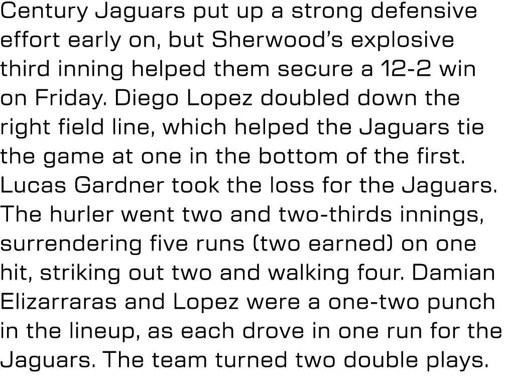 Century Jaguars put up a strong defensive effort early on, but Sherwood’s explosive third inning helped them secure a...