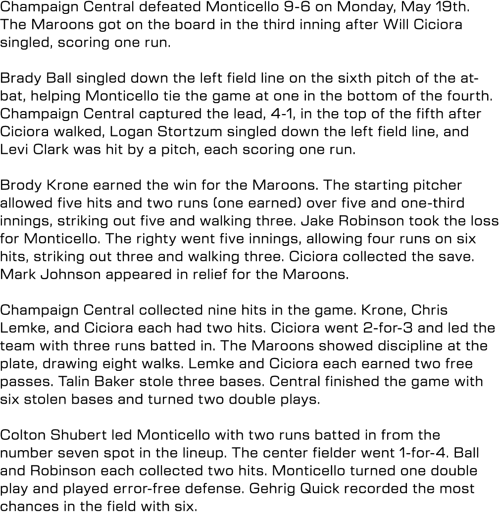 Champaign Central defeated Monticello 9 6 on Monday, May 19th. The Maroons got on the board in the third inning after...