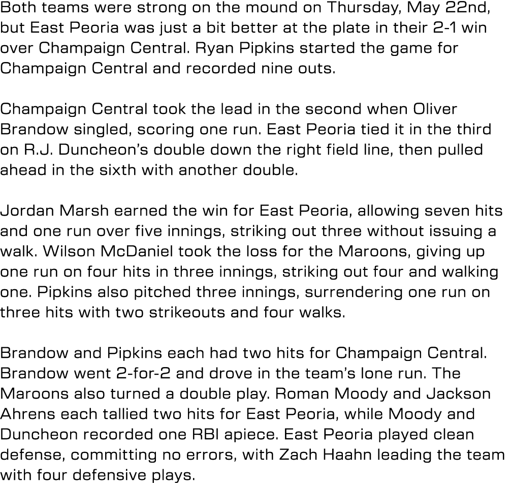 Both teams were strong on the mound on Thursday, May 22nd, but East Peoria was just a bit better at the plate in thei...