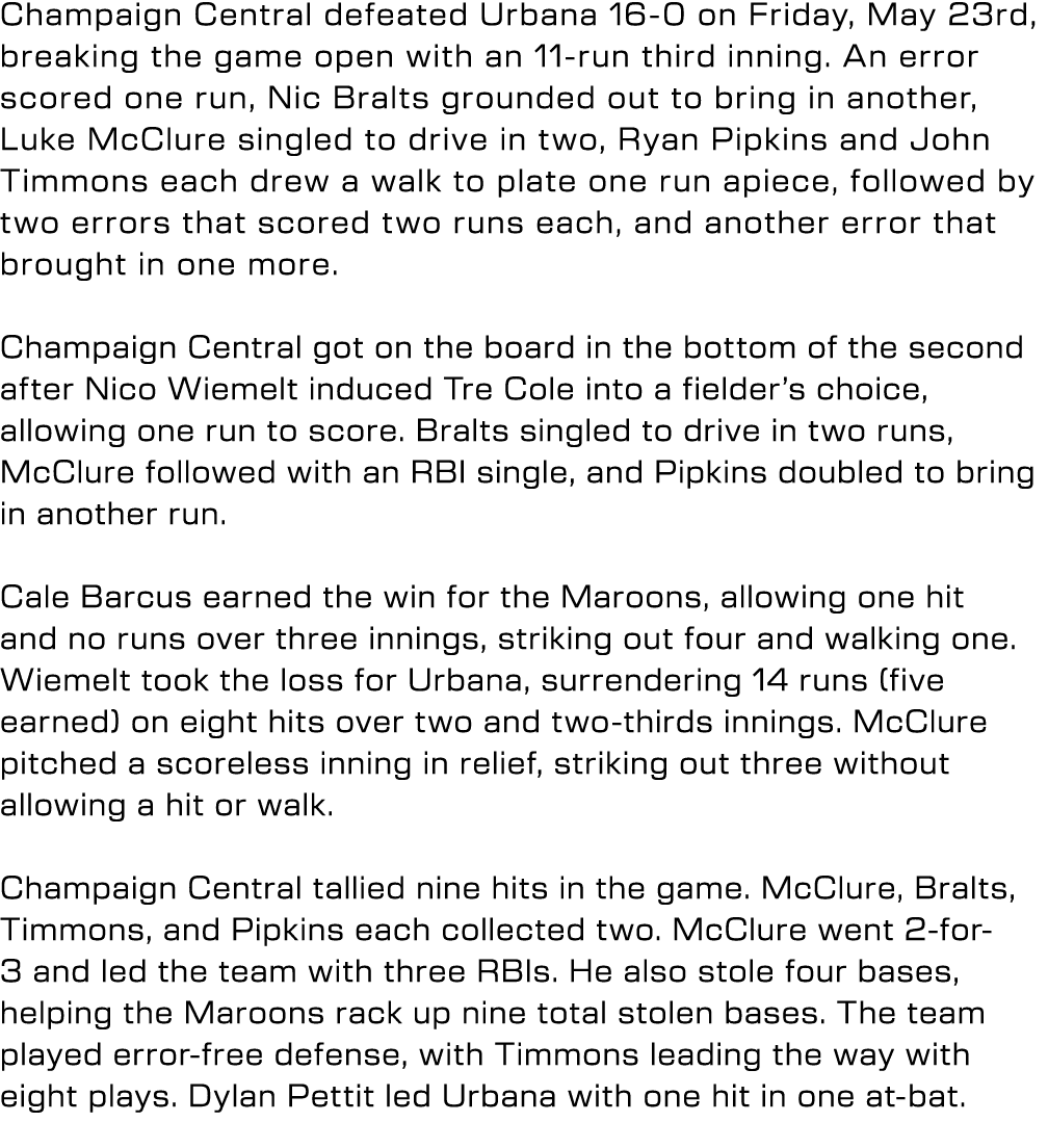 Champaign Central defeated Urbana 16 0 on Friday, May 23rd, breaking the game open with an 11 run third inning. An er...