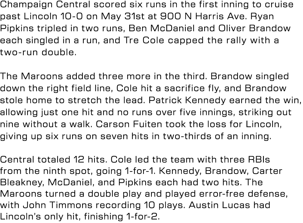 Champaign Central scored six runs in the first inning to cruise past Lincoln 10 0 on May 31st at 900 N Harris Ave. Ry...