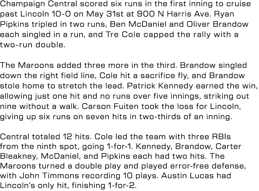 Champaign Central scored six runs in the first inning to cruise past Lincoln 10 0 on May 31st at 900 N Harris Ave. Ry...