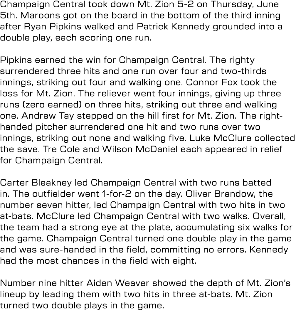 Champaign Central took down Mt. Zion 5 2 on Thursday, June 5th. Maroons got on the board in the bottom of the third i...