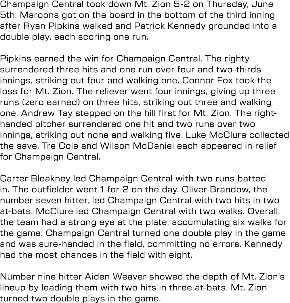 Champaign Central took down Mt. Zion 5 2 on Thursday, June 5th. Maroons got on the board in the bottom of the third i...