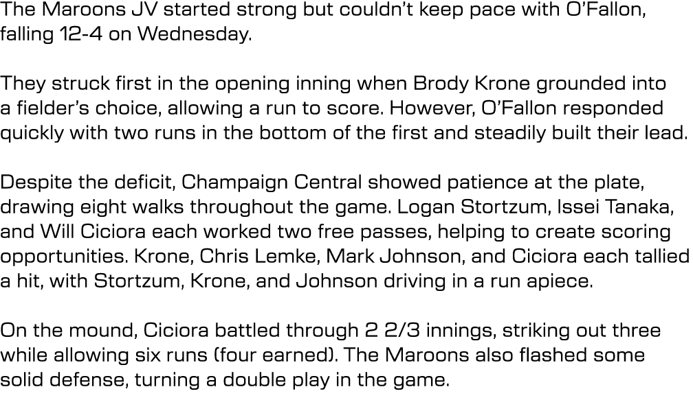 The Maroons JV started strong but couldn’t keep pace with O’Fallon, falling 12 4 on Wednesday. They struck first in t...