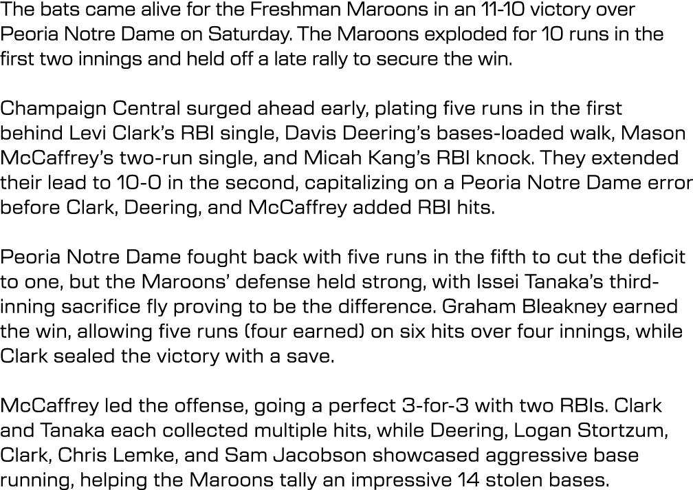 The bats came alive for the Freshman Maroons in an 11 10 victory over Peoria Notre Dame on Saturday. The Maroons expl...