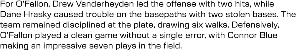 For O’Fallon, Drew Vanderheyden led the offense with two hits, while Dane Hrasky caused trouble on the basepaths with...