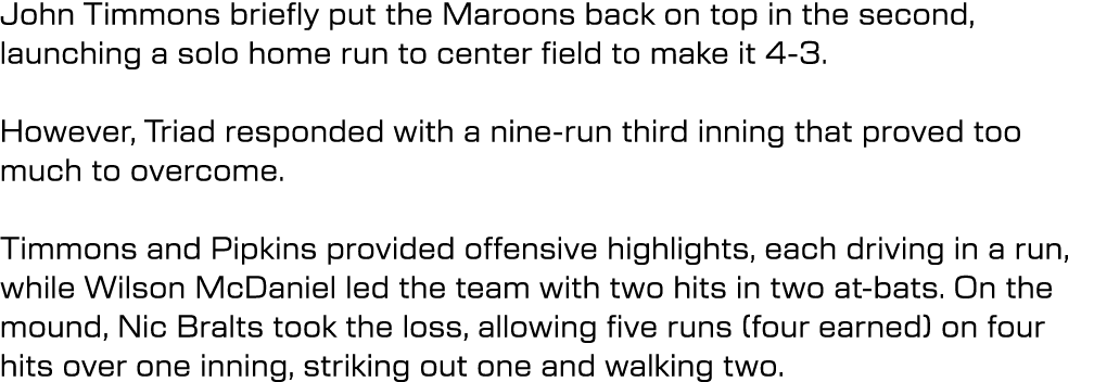 John Timmons briefly put the Maroons back on top in the second, launching a solo home run to center field to make it ...