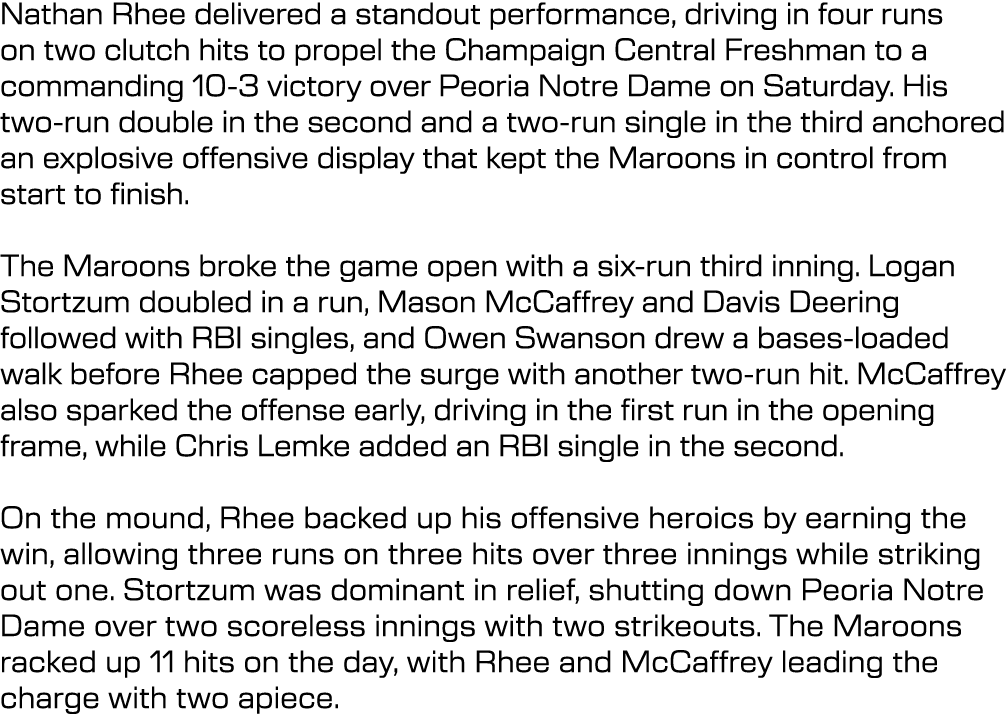 Nathan Rhee delivered a standout performance, driving in four runs on two clutch hits to propel the Champaign Central...