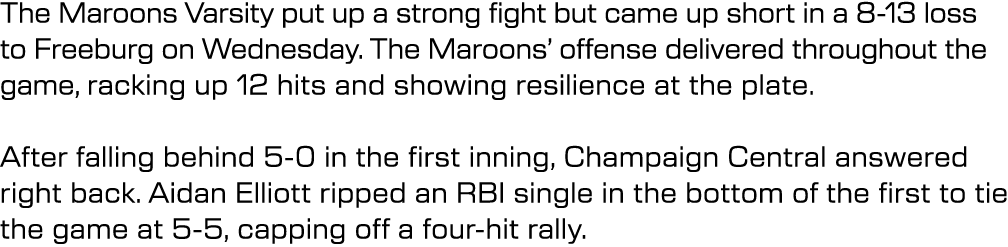 The Maroons Varsity put up a strong fight but came up short in a 8 13 loss to Freeburg on Wednesday. The Maroons’ off...