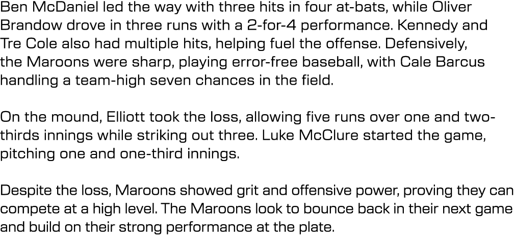 Ben McDaniel led the way with three hits in four at bats, while Oliver Brandow drove in three runs with a 2 for 4 per...