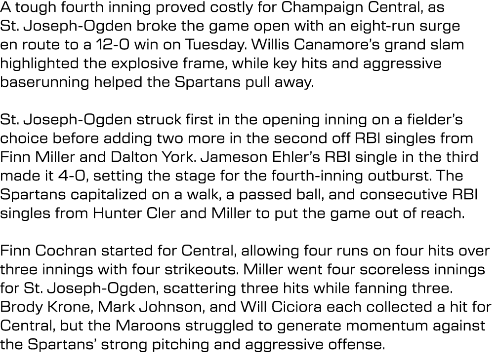 A tough fourth inning proved costly for Champaign Central, as St. Joseph Ogden broke the game open with an eight run ...