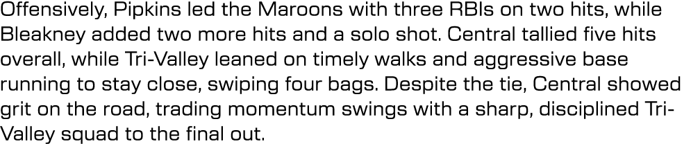 Offensively, Pipkins led the Maroons with three RBIs on two hits, while Bleakney added two more hits and a solo shot....