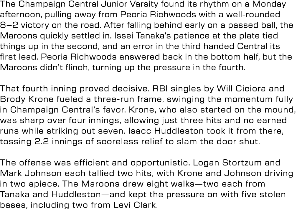 The Champaign Central Junior Varsity found its rhythm on a Monday afternoon, pulling away from Peoria Richwoods with ...