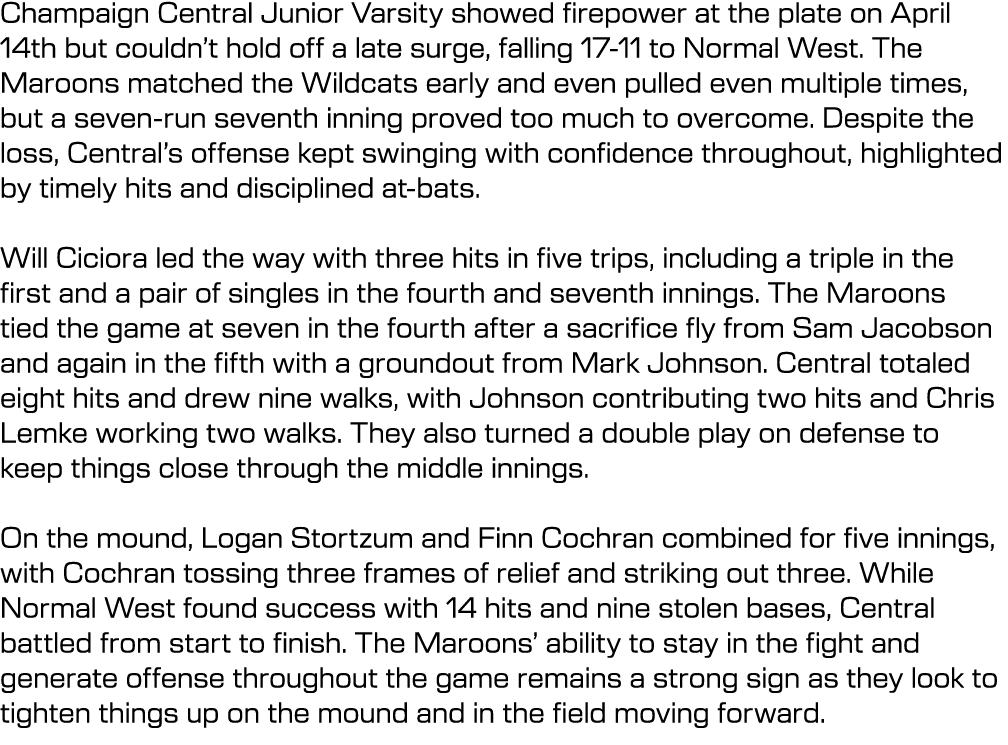 Champaign Central Junior Varsity showed firepower at the plate on April 14th but couldn’t hold off a late surge, fall...