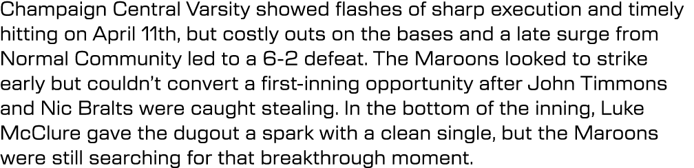 Champaign Central Varsity showed flashes of sharp execution and timely hitting on April 11th, but costly outs on the ...