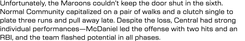 Unfortunately, the Maroons couldn’t keep the door shut in the sixth. Normal Community capitalized on a pair of walks ...