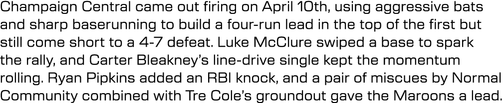 Champaign Central came out firing on April 10th, using aggressive bats and sharp baserunning to build a four run lead...