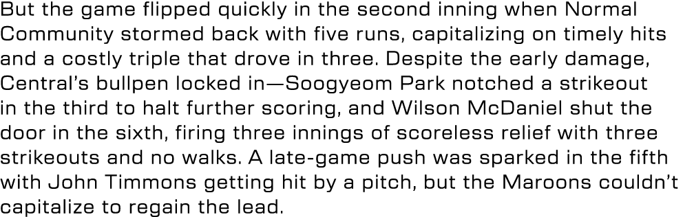 But the game flipped quickly in the second inning when Normal Community stormed back with five runs, capitalizing on ...