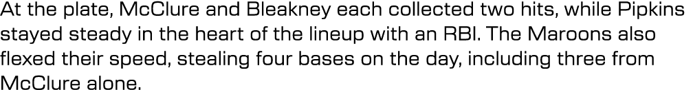At the plate, McClure and Bleakney each collected two hits, while Pipkins stayed steady in the heart of the lineup wi...