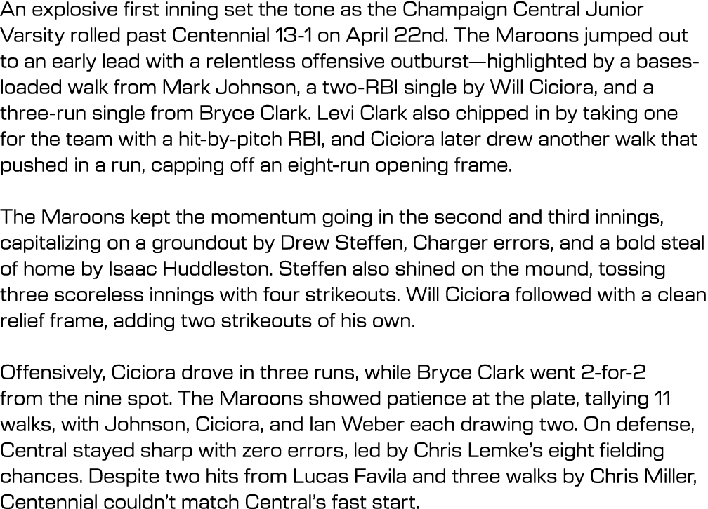 An explosive first inning set the tone as the Champaign Central Junior Varsity rolled past Centennial 13 1 on April 2...