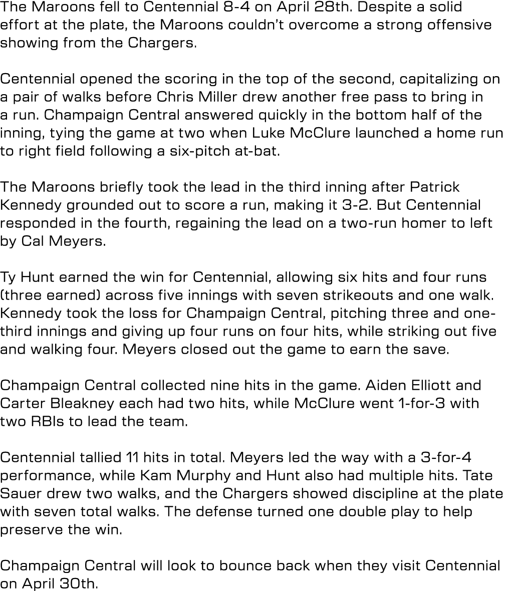 The Maroons fell to Centennial 8 4 on April 28th. Despite a solid effort at the plate, the Maroons couldn’t overcome ...