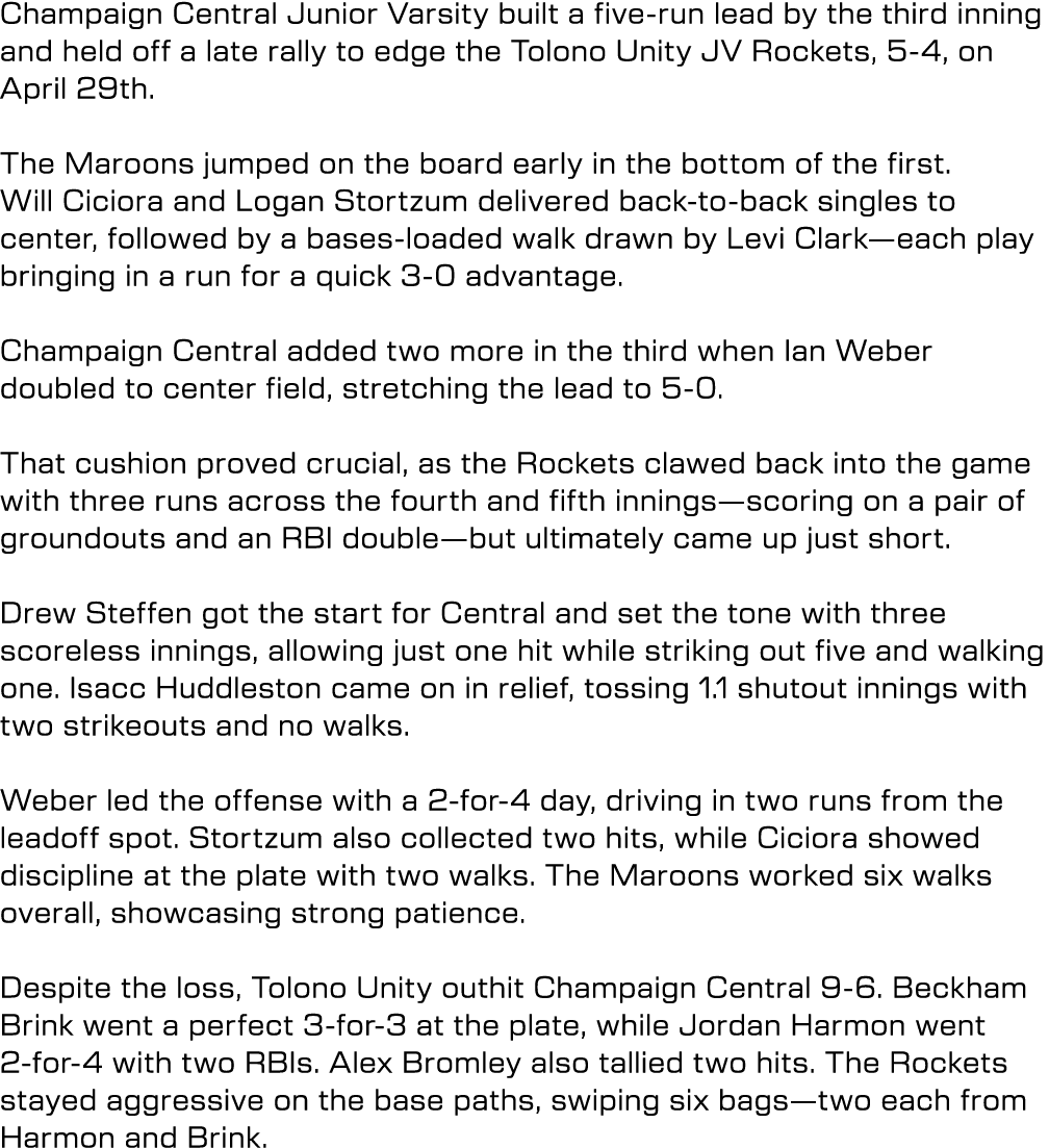 Champaign Central Junior Varsity built a five run lead by the third inning and held off a late rally to edge the Tolo...