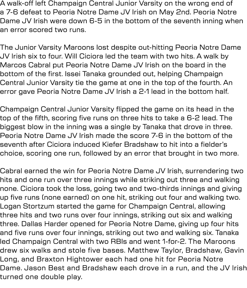 A walk off left Champaign Central Junior Varsity on the wrong end of a 7 6 defeat to Peoria Notre Dame JV Irish on Ma...