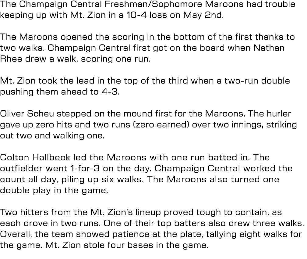 The Champaign Central Freshman/Sophomore Maroons had trouble keeping up with Mt. Zion in a 10 4 loss on May 2nd. The ...