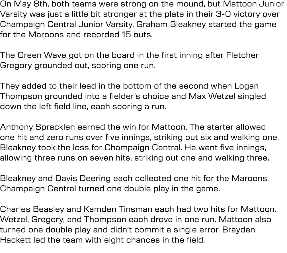 On May 8th, both teams were strong on the mound, but Mattoon Junior Varsity was just a little bit stronger at the pla...