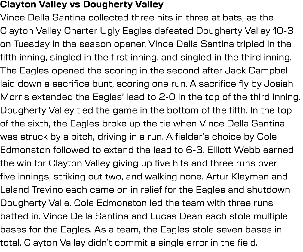 Clayton Valley vs Dougherty Valley Vince Della Santina collected three hits in three at bats, as the Clayton Valley C...