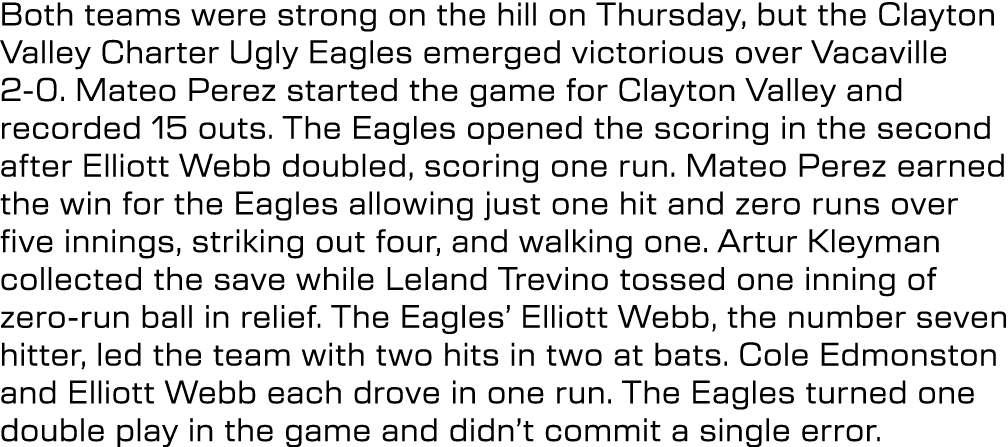 Both teams were strong on the hill on Thursday, but the Clayton Valley Charter Ugly Eagles emerged victorious over Va...