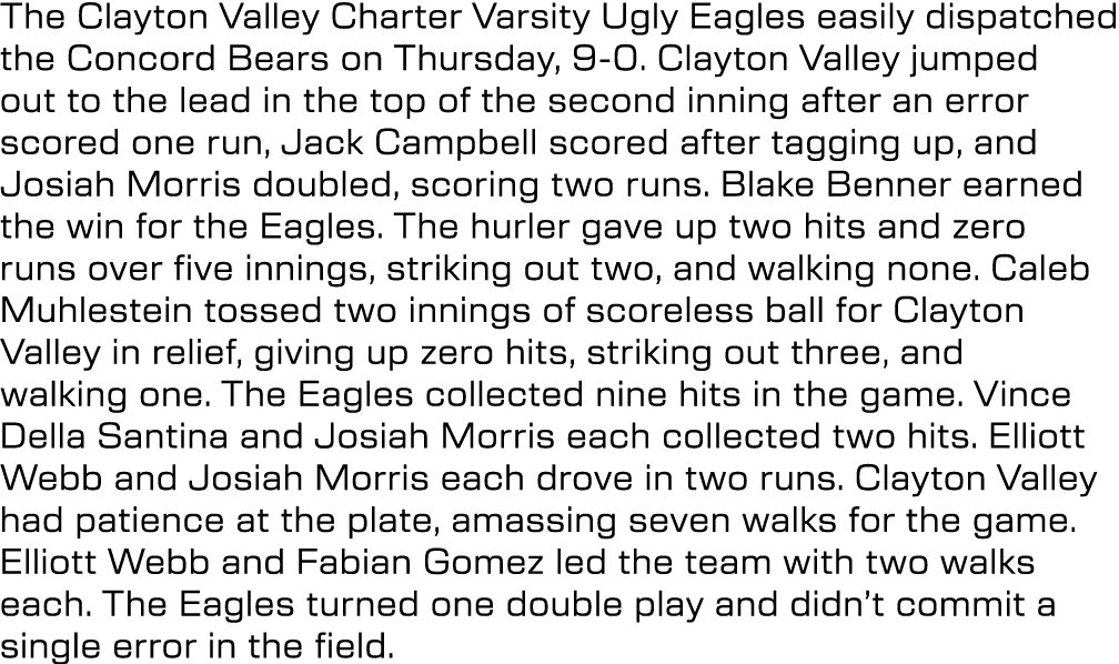 The Clayton Valley Charter Varsity Ugly Eagles easily dispatched the Concord Bears on Thursday, 9 0. Clayton Valley j...