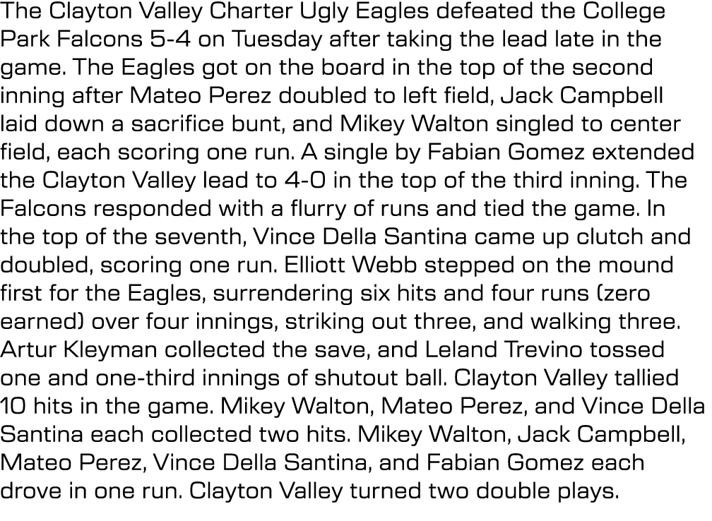 The Clayton Valley Charter Ugly Eagles defeated the College Park Falcons 5 4 on Tuesday after taking the lead late in...