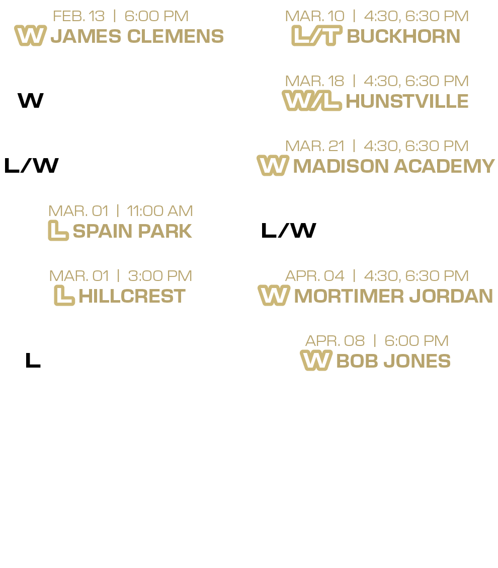 mar. 10 | 4:30, 6:30 PM L/t buckhorn mar. 18 | 4:30, 6:30 PM w/l hunstville mar. 21 | 4:30, 6:30 PM W madison academy...