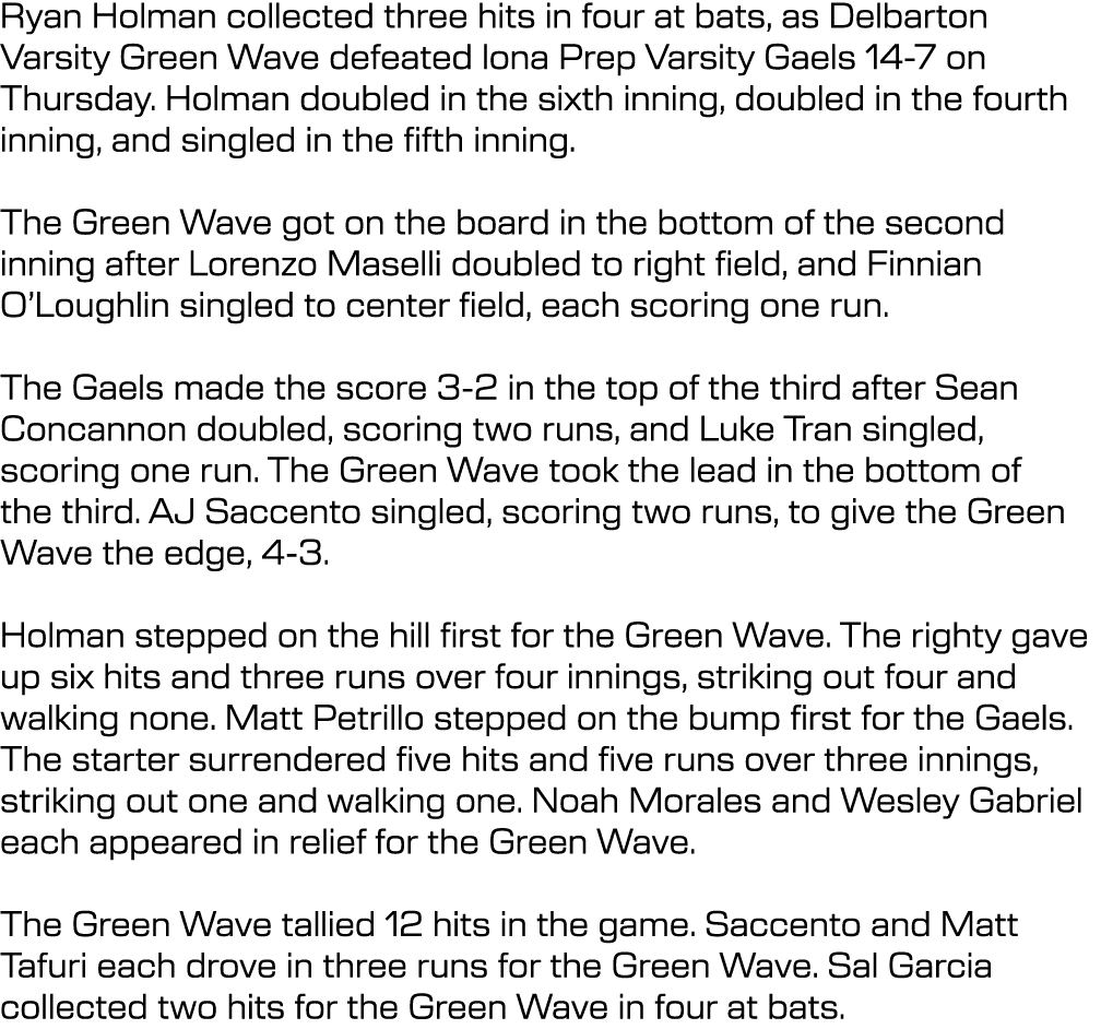 Ryan Holman collected three hits in four at bats, as Delbarton Varsity Green Wave defeated lona Prep Varsity Gaels 14...