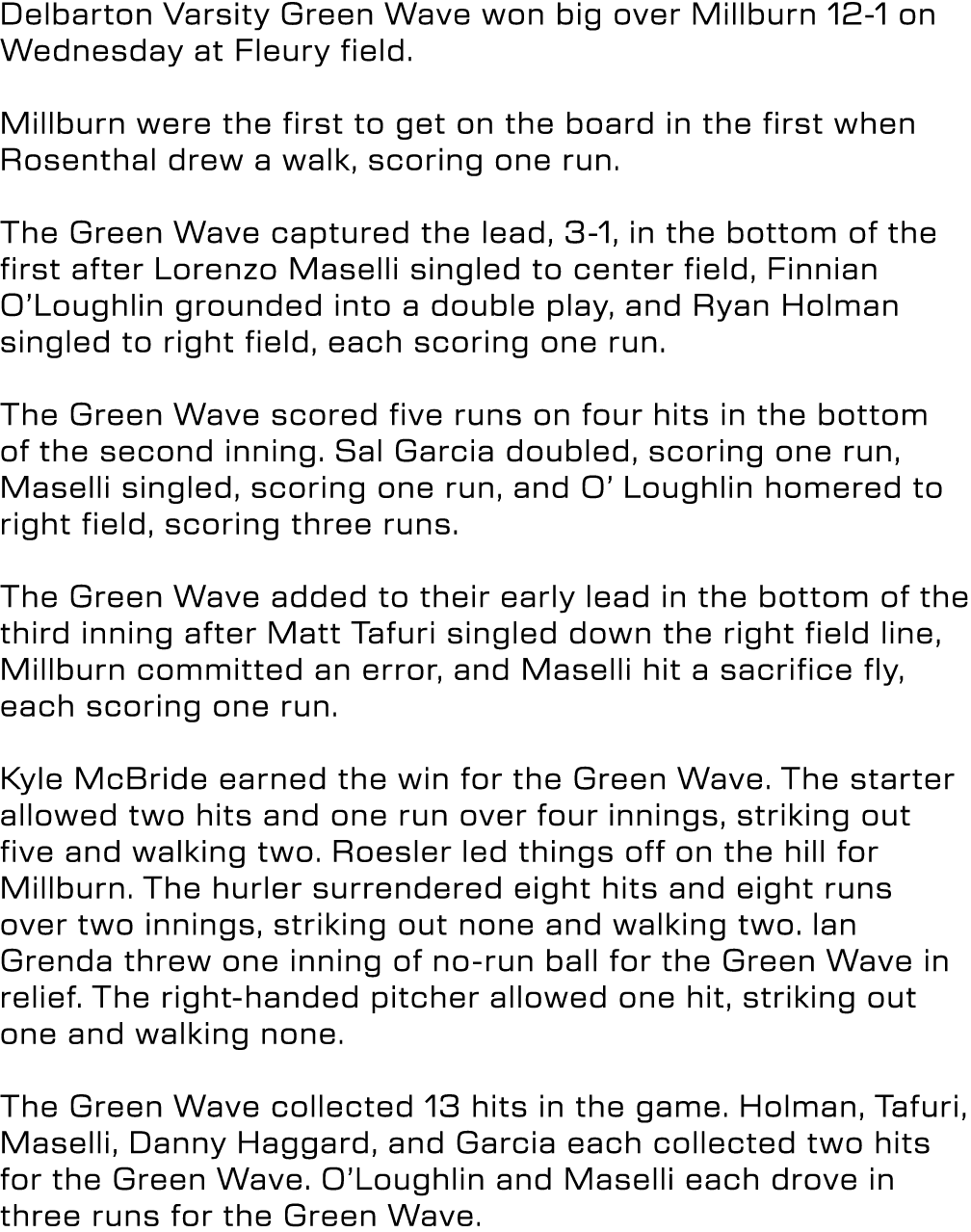 Delbarton Varsity Green Wave won big over Millburn 12 1 on Wednesday at Fleury field. Millburn were the first to get ...