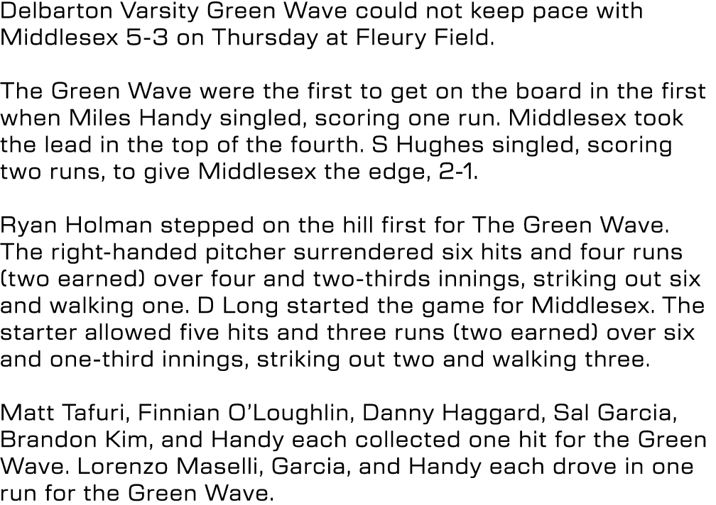 Delbarton Varsity Green Wave could not keep pace with Middlesex 5 3 on Thursday at Fleury Field. The Green Wave were ...