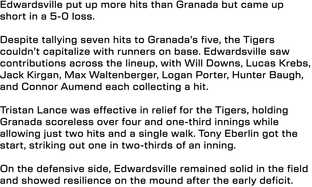 In their third match of the NHSI, Edwardsville put up more hits than Granada but came up short in a 5 0 loss. Despite...