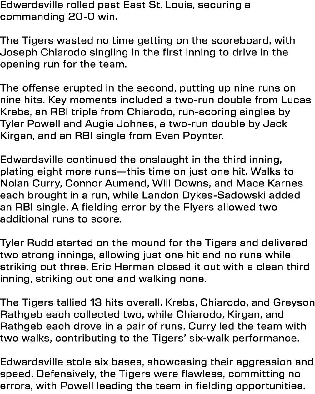 Edwardsville rolled past East St. Louis, securing a commanding 20 0 win. The Tigers wasted no time getting on the sco...